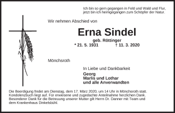 Traueranzeige von Erna Sindel von Dinkelsbühl/ Feuchtwangen