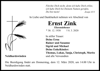 Traueranzeige von Ernst Zink von Neustadt/ Scheinfeld/ Uffenheim