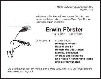 Traueranzeige von Erwin Förster von Rothenburg