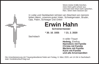 Traueranzeige von Erwin Hahn von Dinkelsbühl/ Feuchtwangen