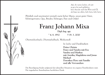 Traueranzeige von Franz Johann Mixa von Ansbach