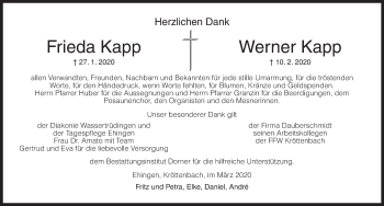 Traueranzeige von Frieda Kapp von Dinkelsbühl/ Feuchtwangen