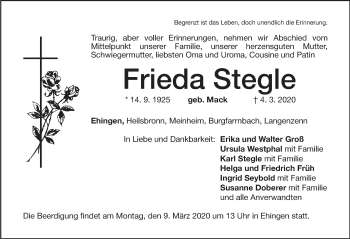 Traueranzeige von Frieda Stegle von Dinkelsbühl/ Feuchtwangen