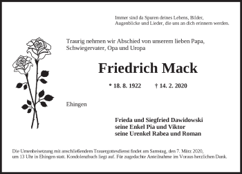 Traueranzeige von Friedrich Mack