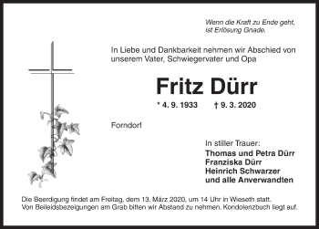 Traueranzeige von Fritz Dürr von Ansbach