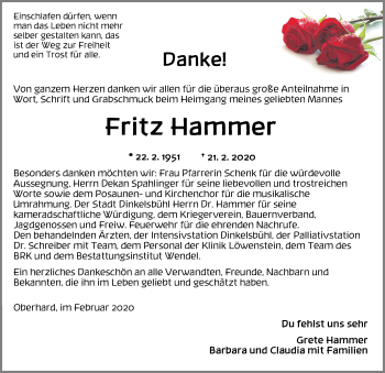 Traueranzeige von Fritz Hammer von Dinkelsbühl/ Feuchtwangen