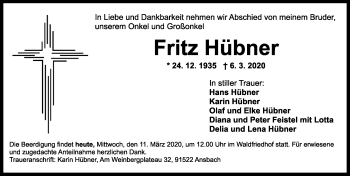 Traueranzeige von Fritz Hübner von Ansbach