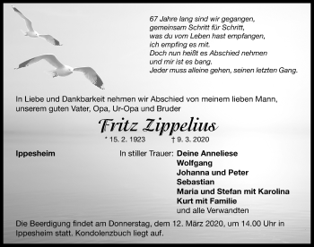 Traueranzeige von Fritz Zippelius von Neustadt/ Scheinfeld/ Uffenheim