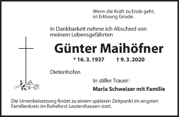 Traueranzeige von Günter Maihäfner von Ansbach