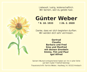 Traueranzeige von Günter Weber von Ansbach