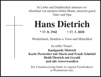 Traueranzeige von Hans Dietrich von Ansbach