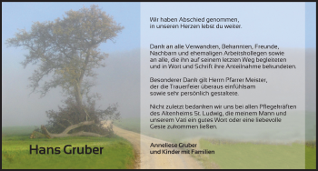 Traueranzeige von Hans Gruber von Ansbach