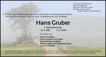 Traueranzeige von Hans Gruber von Ansbach