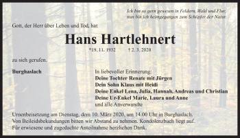 Traueranzeige von Hans Hartlehnert von Neustadt/ Scheinfeld/ Uffenheim