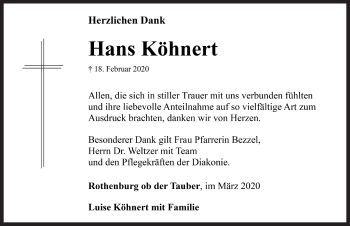 Traueranzeige von Hans Köhnert von Rothenburg