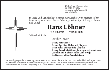 Traueranzeige von Hans Löhner von Ansbach