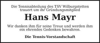 Traueranzeige von Hans Mayr von Dinkelsbühl/ Feuchtwangen