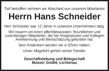 Traueranzeige von Hans Schneider von Ansbach
