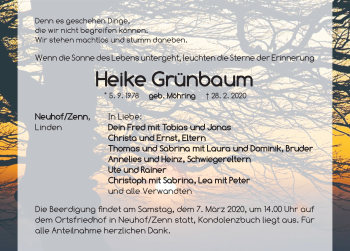 Traueranzeige von Heike Grünbaum von Neustadt/ Scheinfeld/ Uffenheim