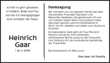 Traueranzeige von Heinrich Gaar von Dinkelsbühl/ Feuchtwangen