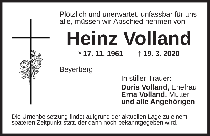  Traueranzeige für Heinz Volland vom 25.03.2020 aus Dinkelsbühl/ Feuchtwangen