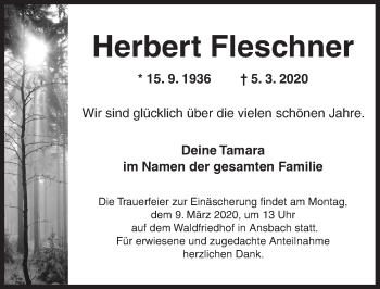 Traueranzeige von Herbert Fleschner von Ansbach