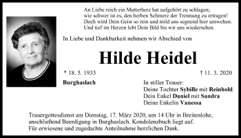 Traueranzeige von Hilde Heidel von Neustadt/ Scheinfeld/ Uffenheim