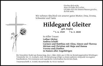 Traueranzeige von Hildegard Gleiter von Rothenburg