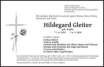 Traueranzeige von Hildegard Gleiter von Ansbach