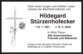 Traueranzeige von Hildegard Stürzenhofecker von Ansbach