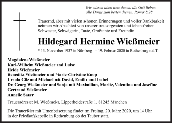 Traueranzeige von Hildegard Hermine Wießmeier von Rothenburg