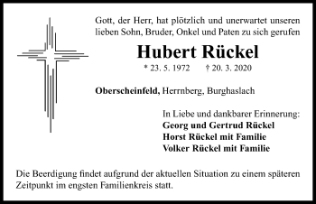 Traueranzeige von Hubert Rückel von Neustadt/ Scheinfeld/ Uffenheim