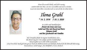Traueranzeige von Ilona Grahl von Ansbach