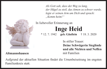 Traueranzeige von Inge Heid von Neustadt/ Scheinfeld/ Uffenheim