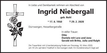 Traueranzeige von Ingrid Niebergall von Dinkelsbühl/ Feuchtwangen