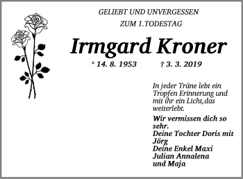 Traueranzeige von Irmgard Kroner von Neustadt/ Scheinfeld/ Uffenheim