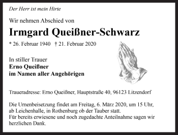 Traueranzeige von Irmgard Queißner-Schwarz von Rothenburg