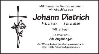 Traueranzeige von Johann Dietrich von Dinkelsbühl/ Feuchtwangen