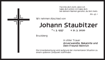 Traueranzeige von Johann Staubitzer von Ansbach