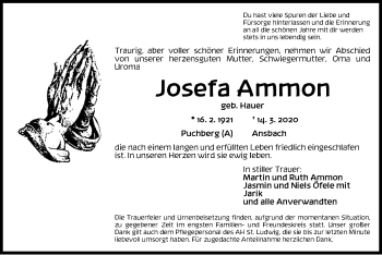 Traueranzeige von Josefa Ammon von Ansbach