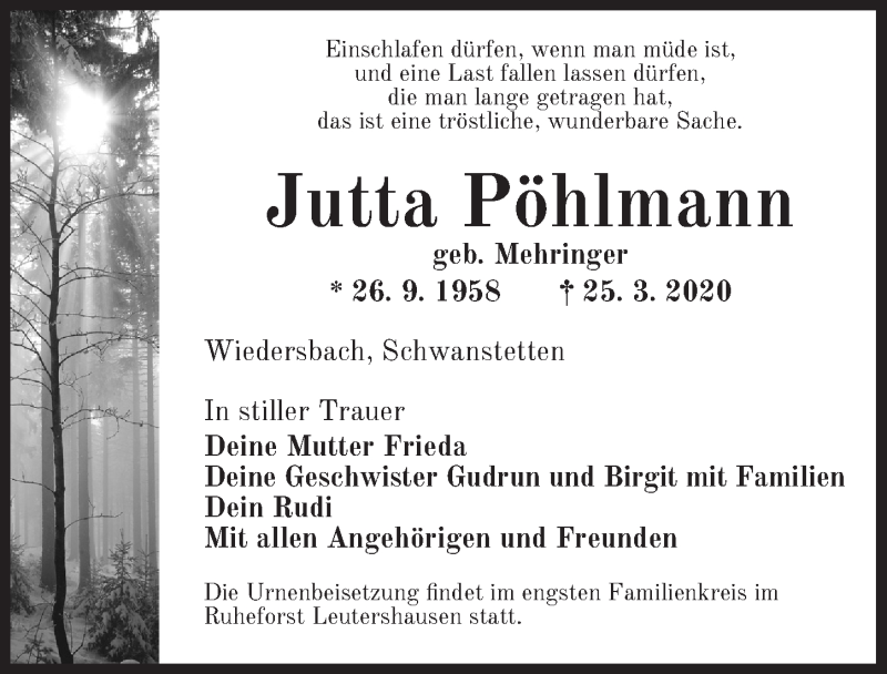  Traueranzeige für Jutta Pöhlmann vom 28.03.2020 aus Ansbach