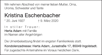 Traueranzeige von Kristina Eschenbacher von Ansbach