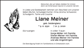 Traueranzeige von Liane Meiner von Dinkelsbühl/ Feuchtwangen