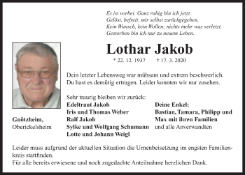 Traueranzeige von Lothar Jakob von Neustadt/ Scheinfeld/ Uffenheim