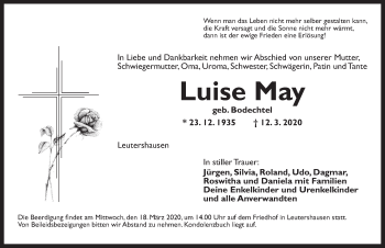 Traueranzeige von Luise May von Ansbach