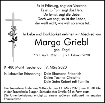 Traueranzeige von Marga Griebl von Neustadt/ Scheinfeld/ Uffenheim