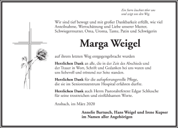 Traueranzeige von Marga Weigel von Ansbach