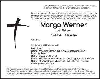 Traueranzeige von Marga Werner von Ansbach