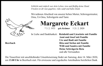 Traueranzeige von Margarete Eckart von Neustadt/ Scheinfeld/ Uffenheim