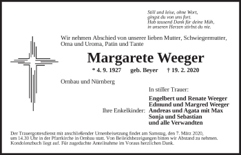 Traueranzeige von Margarete Weeger von Ansbach